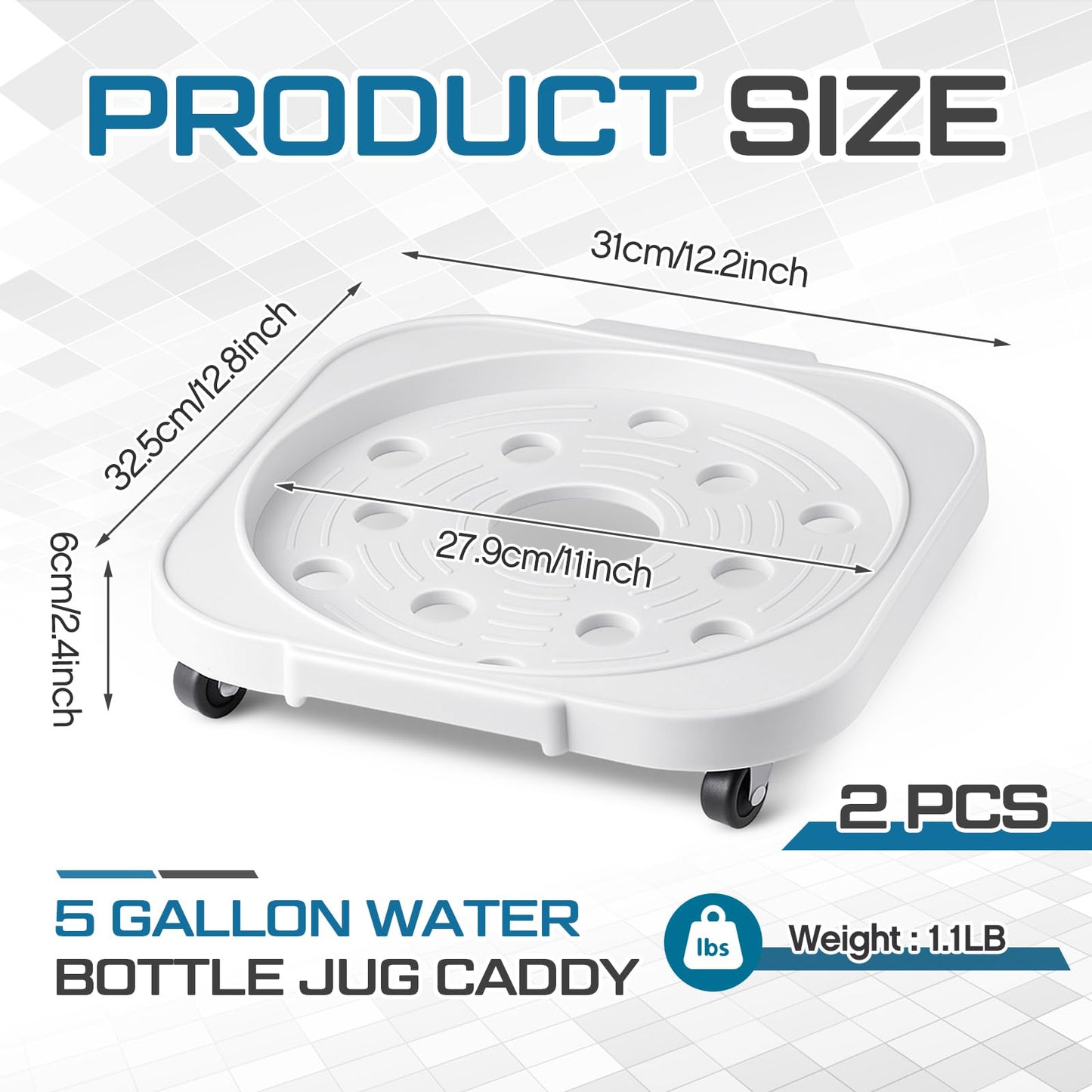 SiliFine 2 Pack 5 Gallon Water Bottle Jug Caddy with 4 Rolling Swivel Casters Wheels 5 Gallon Bucket Dolly for Heavy Duty Garden Flower Pot Movers, Plant Stroller, 11" Inside Diameter (White)