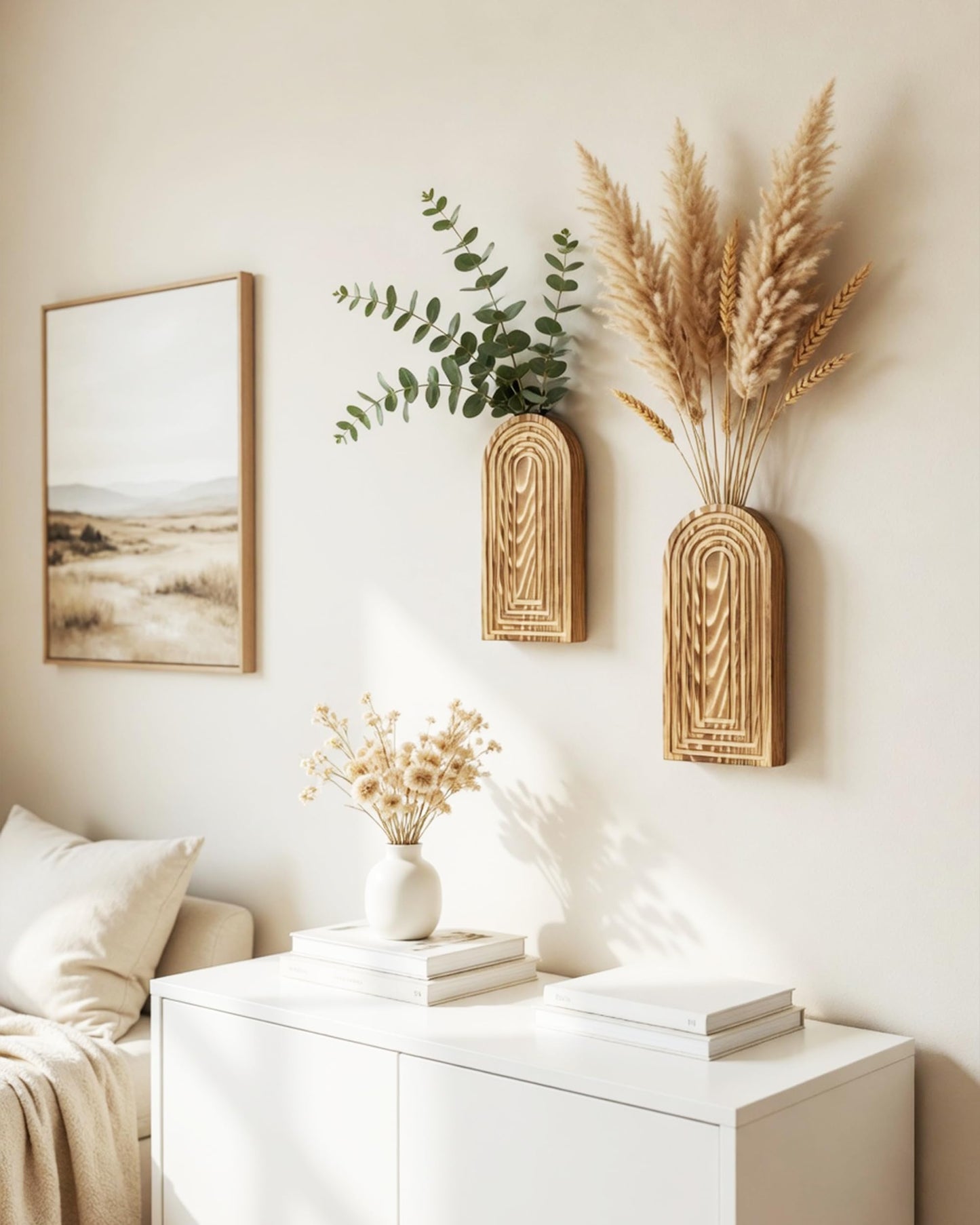 2 Pack Wooden Wall Vase Set - Boho & Modern Farmhouse Wall Decor, Hanging Planter for Indoor Plants & Flowers, Wood Mounted Art for Living Room, Bathroom, Hallway, Home Decor (Burnt Wood, Medium)