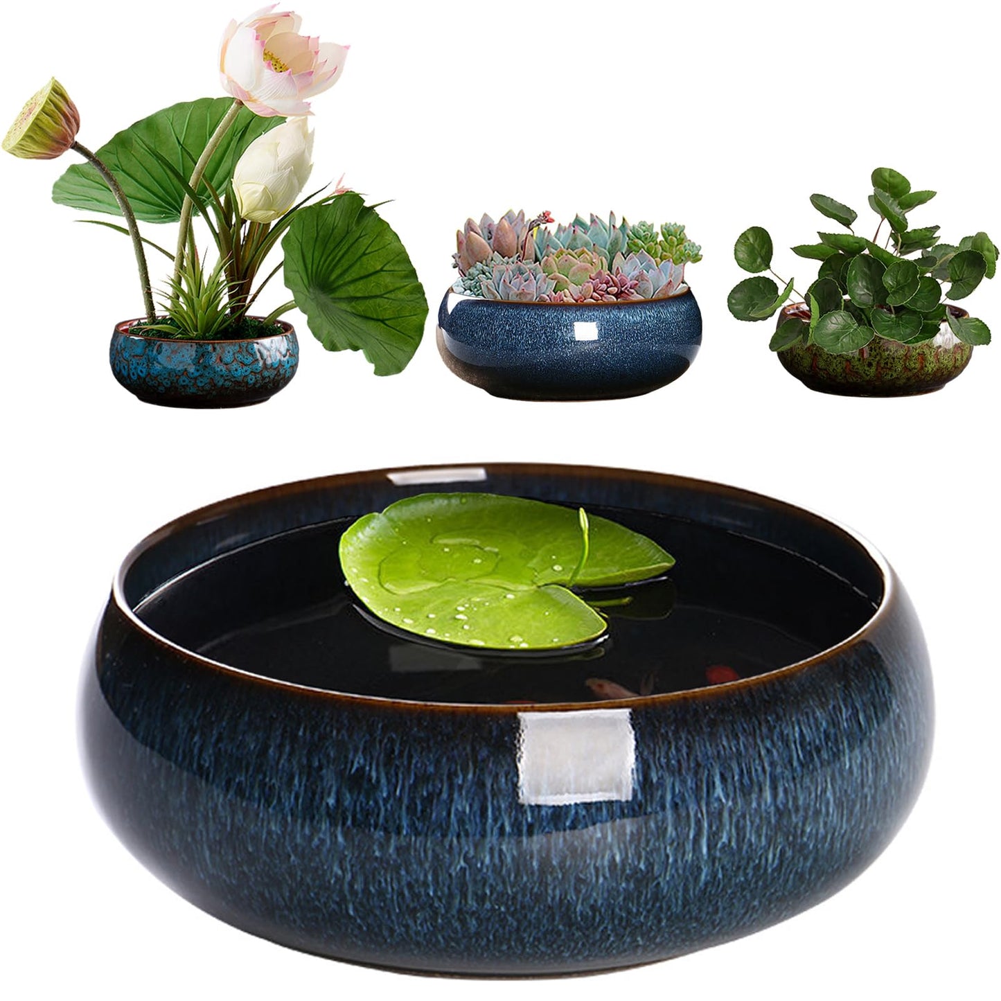 SnuggleTail Lotus Flower Bowl Planter 6.6" Round Pot– Ceramic Shallow Succulent & Water Lotus Pot – Wide Low Ceramic Bowl for Bonsai Indoor Decor