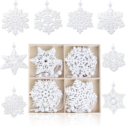 White Wooden Snowflakes Ornaments, Christmas Wood Snowflake for Crafts Hanging Decorations, Christmastree Decoration, Table Scape or Centerpiece Craft Project for Wreath, Winter Scene (16)