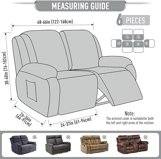 TAOCOCO Recliner Loveseat Slipcover, 6 Pieces Dual Recliner Sofa Covers