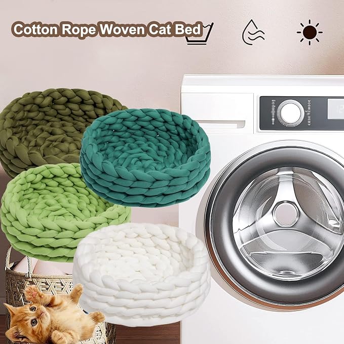 Woven Dog Bed Basket, Knitted Cotton Cat Bed Round Washable Woven Cat Pet Bed Chunky Dog Basket, Orthopedic, Chunky Knit Dog Nest,Dog Bed,Dog Cave,Dog Bedding(Yellow,21")