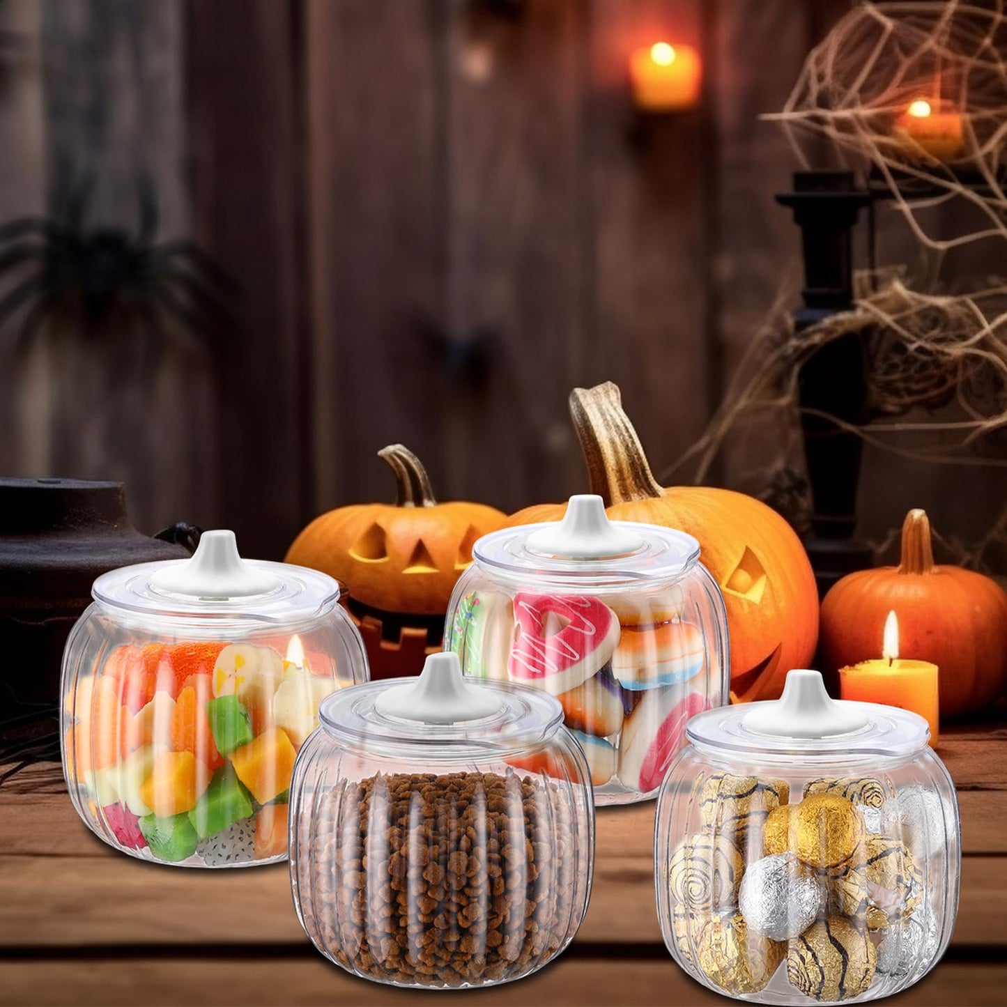 Mimorou 4 Pcs 42oz Halloween Pumpkin Jar with Lid Plastic Cookie Candy Jars with Airtight Lid Clear Pumpkin Shaped Snack Fruit Bowl for Halloween Fall Thanksgiving Home Indoor Party Decoration