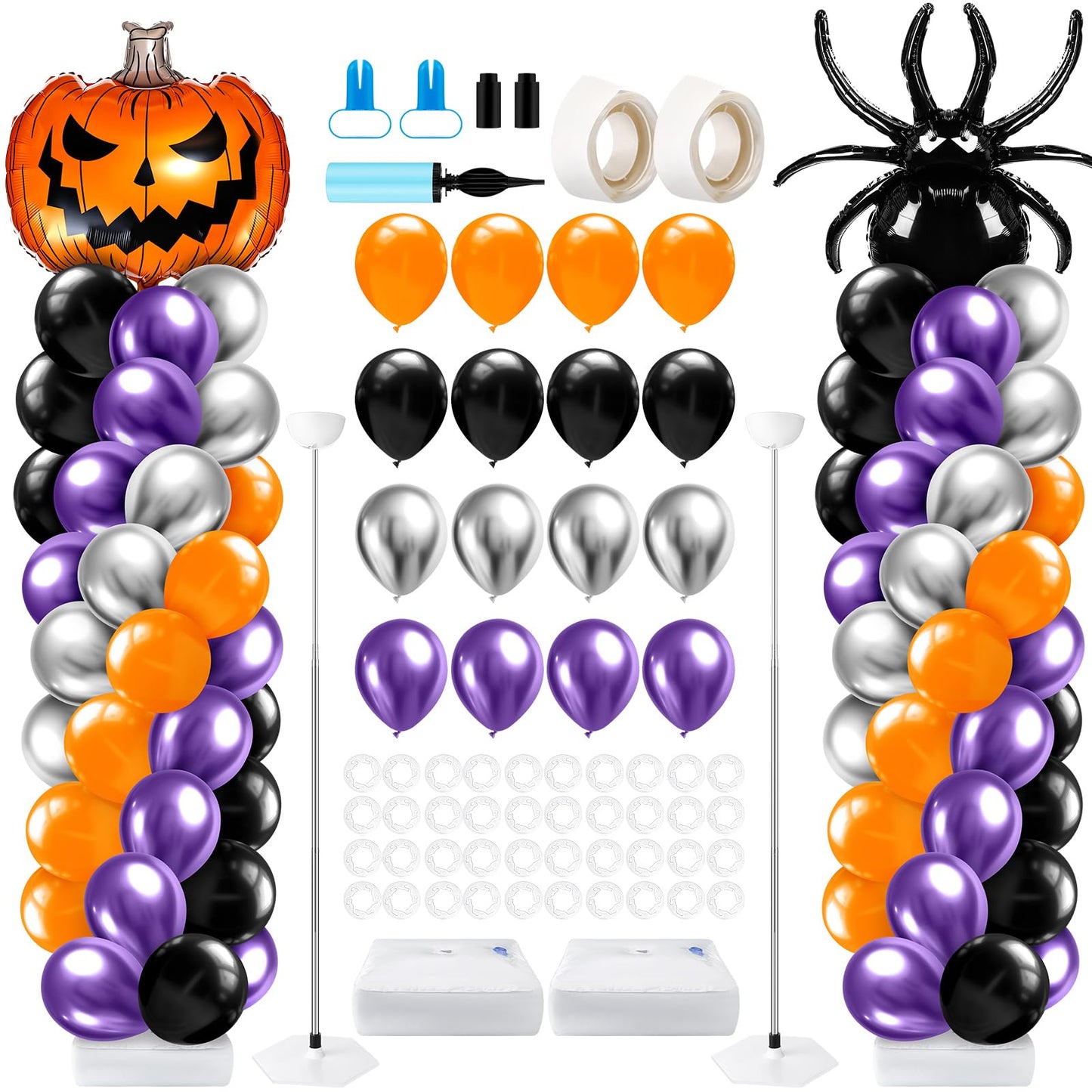 Kasyat 2 Sets Halloween Balloon Column Stand Kit with Scary Pumpkin Spider Foil Balloon Orange Purple Black Silver Arch Garland Kit for Spooky Birthday Party Halloween Theme Decoration