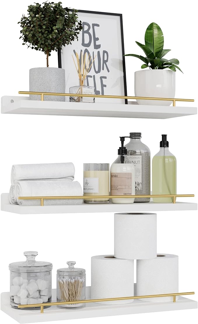 WOPITUES Floating Shelves with Gold Metal Guardrail, Shelves