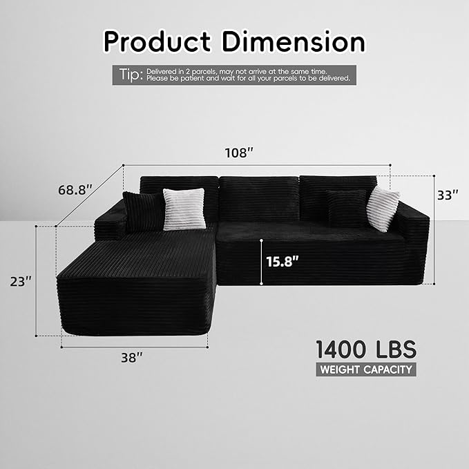 Opiesit 108" Boneless Couches for Living Room, Modular Sectional Sofa