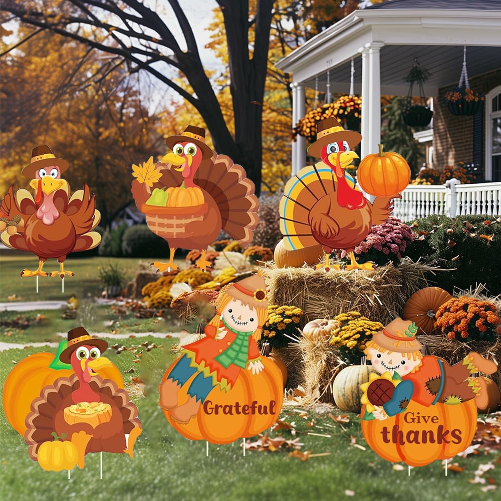 Thanksgiving Yard Sign with Stakes, Fall Scarecrow Pumpkin Turkey Outdoor Decorations Harvest Lawn Signs for Autumn Home Outside Decor