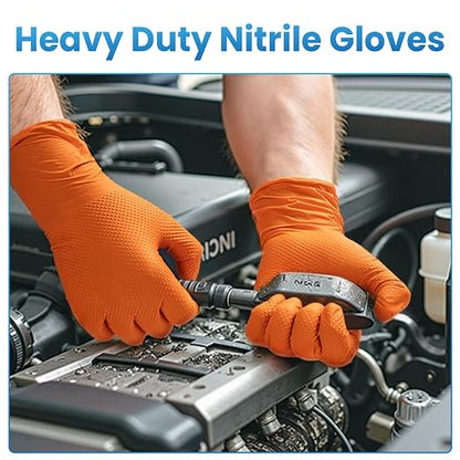 Borje Orange 8 Mil Nitrile Disposable Gloves, Heavy-Duty Mechanic Gloves, 100 Count, Large, Latex & Powder Free with Raised Diamond Texture, Industrial, Automotive, Gardening