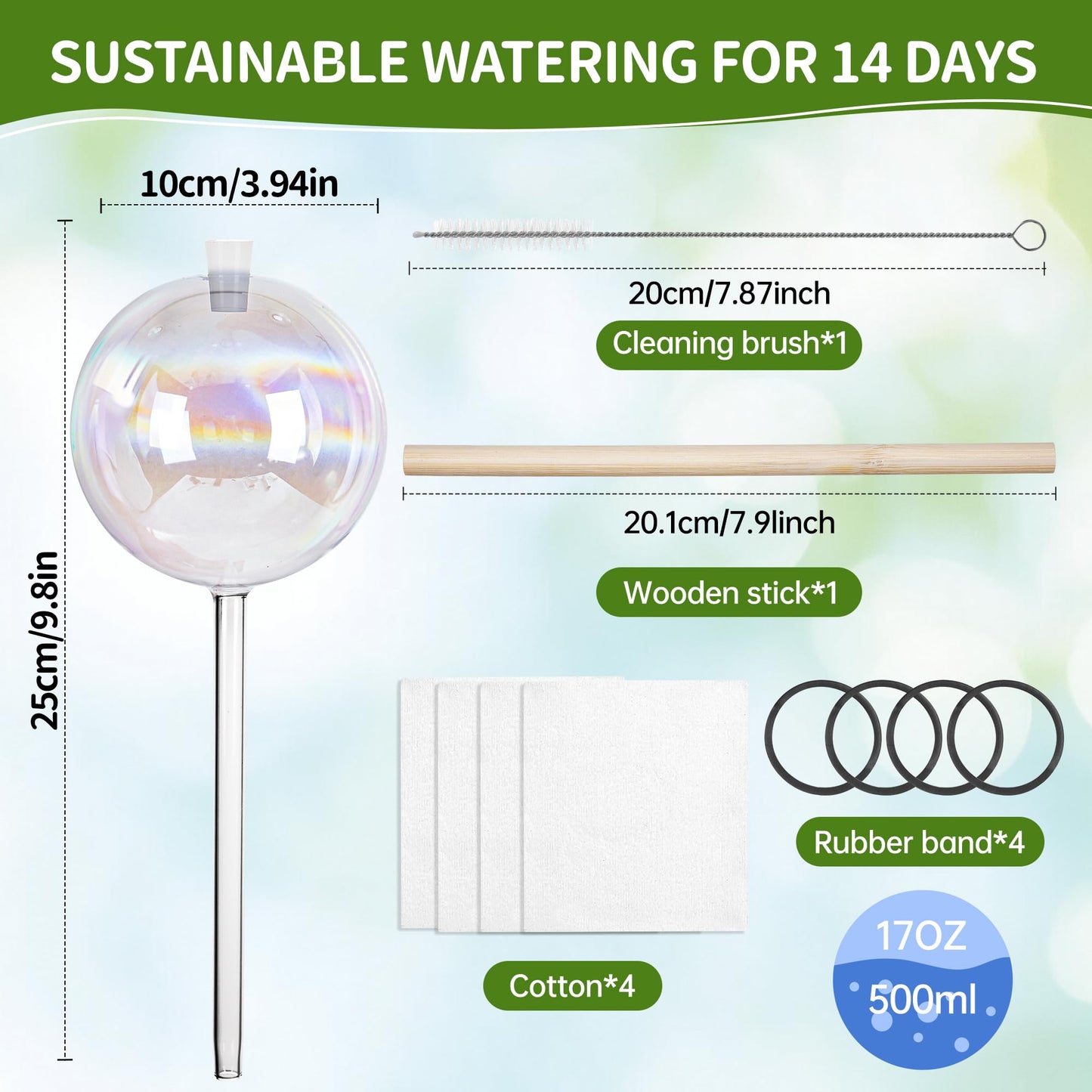 17 oz Up 2 Weeks Extra Large Plant Watering Globes, Self Watering Planter Insert, Iridescent Glass Self Watering Globes, Vacation Plant Watering Devices, Automatic Watering Bulbs (Large 4-Pack)
