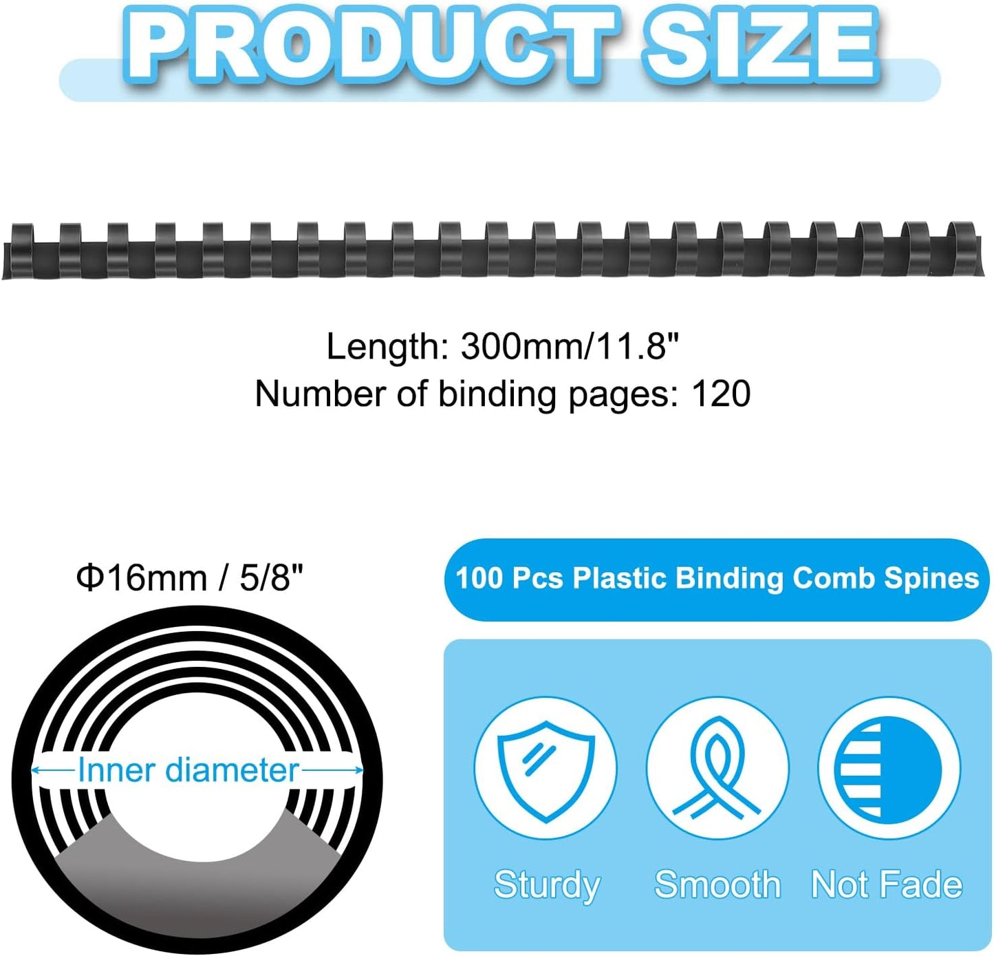 PATIKIL 16mm (5/8") Plastic Binding Combs, 100 Pcs 21 Rings Comb Binding Spines 120 Sheet Capacity Letter Size for Binding Paper Sheets Notebook Calendar Picture Album, Black