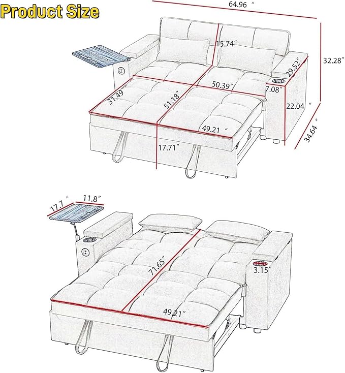 oaaktu Large Size Convertible Sleeper Sofa Bed, Polka dot Velvet Pull Out Futon