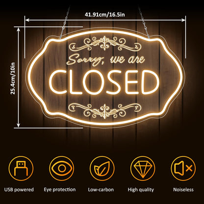 LED Neon Closed Sign for Business, 16.5x10'' Sorry We’re Closed Signs, Warm White Adjustable Brightness Neon Lights for Party, Bar, Salon, Stores, Hotel, Wall Decor, Clubs, office, Hotels