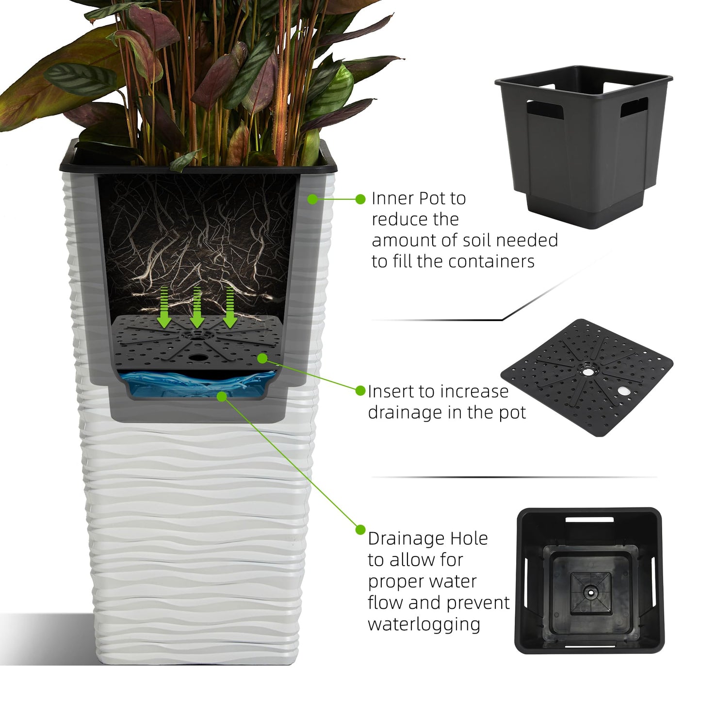 Worth 2 Pack 22" Tall Plastic Square Tapered Planter with Inside Pots for Indoor or Outdoor Use, Modern Wavy Finish for Front Porch or Deck, White