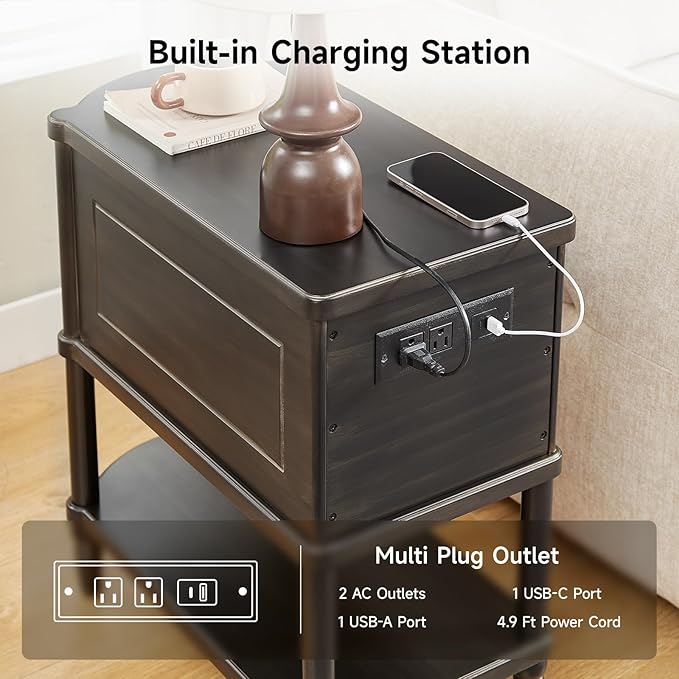 ONBRILL Narrow End Table with Charging Station, Pre-Assembled Nightstand with 2