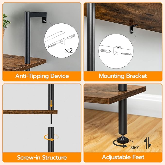 HOOBRO DIY Ladder Shelf, 5-Tier Wooden Wall Mounted Bookshelf, Narrow Bookcase