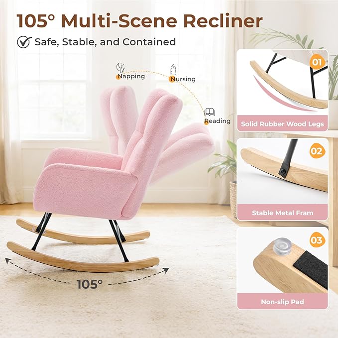 DUMOS Nursery Rocking Chair Teddy Upholstered, Comfy Glider Rocker
