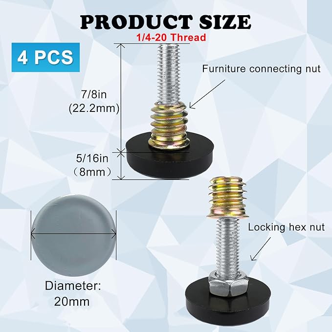 1/4" Thread Leveling Feet PTFE Bottom, Adjustable Furniture Feet Threaded Screw