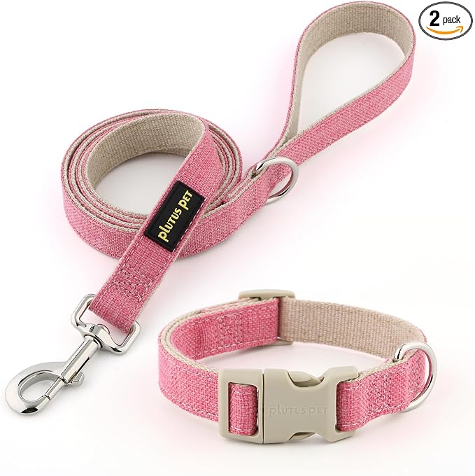Plutus Pet Cotton Hemp Dog Collar and Leash Set, Adjustable Collar for Small, Medium, and Large Dogs, Heavy Duty and Soft on Skin, Hot Pink, XL