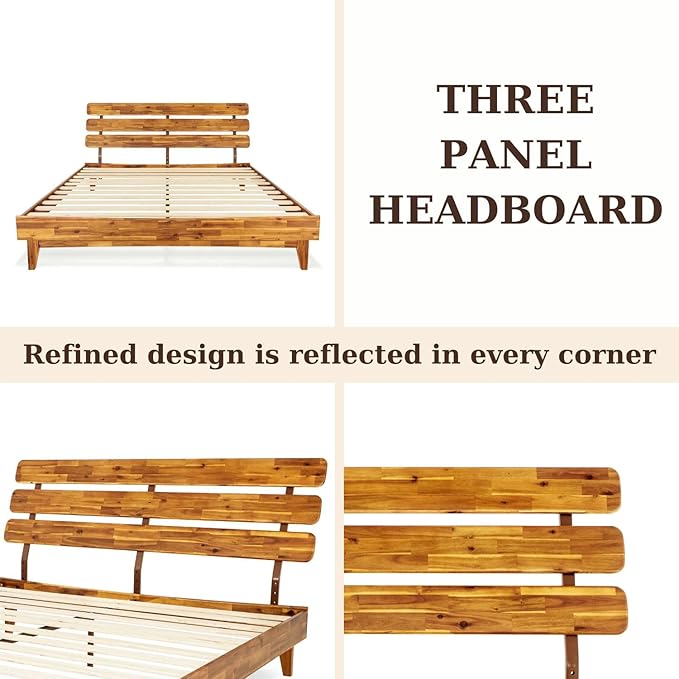Bme Caden King Size Bed Frame and Adjustable Headboard, 15 Inch Mid Century
