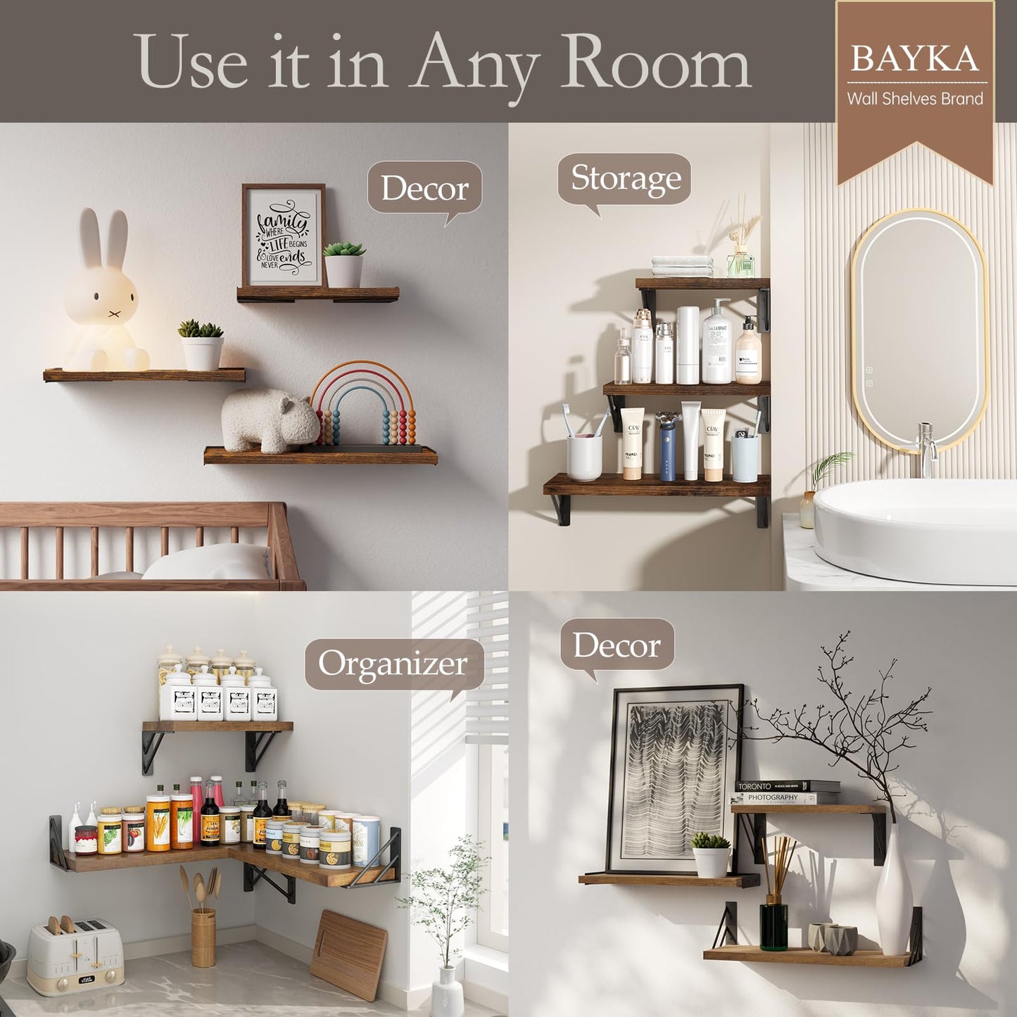 BAYKA Wall Shelves for Bedroom Decor, Floating Shelves for Wall, Display Mounted Rustic Wood Shelf for Books,Plants,Corner Shelves for Bathroom,Kitchen,Living Room(Rustic Brown,Set of 3)