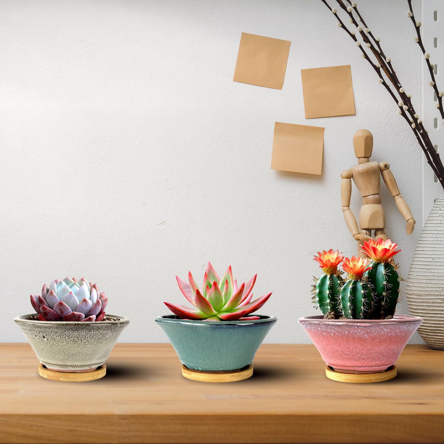 Summer Impressions 6 Inch Glazed Terracotta Succulent Pot Planter Small Plant Pot with Drainage Hole and Bamboo Saucer Cactus Ceramic Pot Set of 3 (Light Green Pink White)