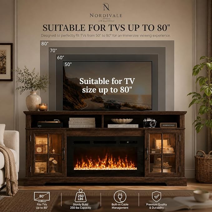 70" Fireplace TV Stand, Modern Entertainment Center