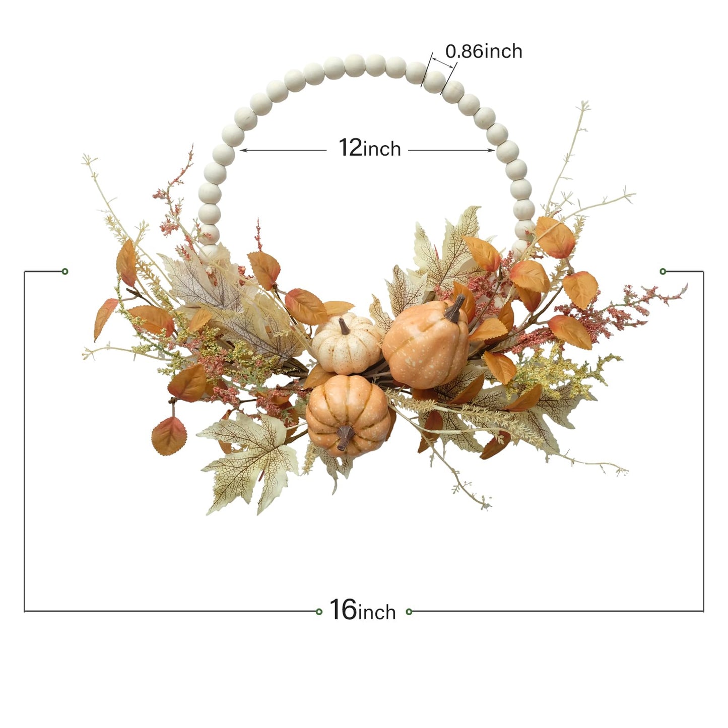 Autumn Wood Bead Pumpkin Fall Wreath for Front Door, 16" Pumpkin and Berries Wreath for Farmhouse Wall Thanksgiving, Fall Season Decor