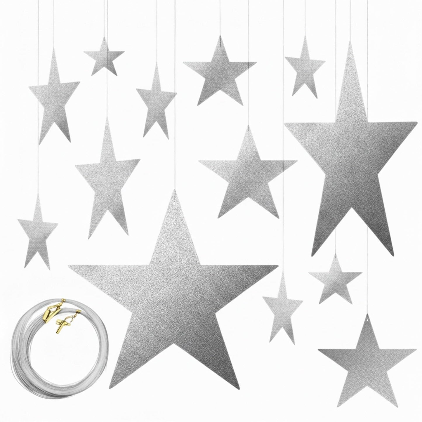 Boao 48 Pieces Silver Stars Shaped Cutouts Silver Cardboard Stars 4 Sizes 6cm/12cm/20cm/30cm Hanging Glitter Garlands with Nylon String for Wedding Birthday Party Graduation Classroom Wall Decor