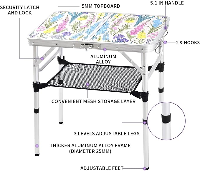 Yriuat Folding Camping Table 2ft Portable Pinic Table Adjustable Height Small