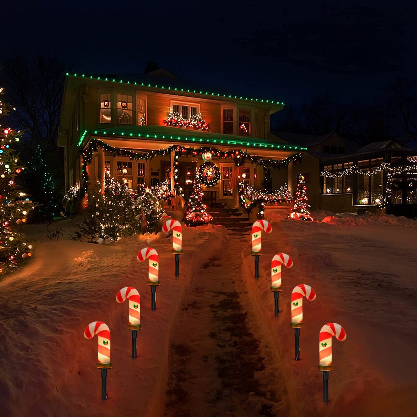 Oviejo C7 Christmas Pathway String Lights, Set of 8 Christmas Candy Cane Driveway Markers with 4 C7 Clear Bulbs, Waterproof String Lights for Pathway Decor Outdoor Decoration