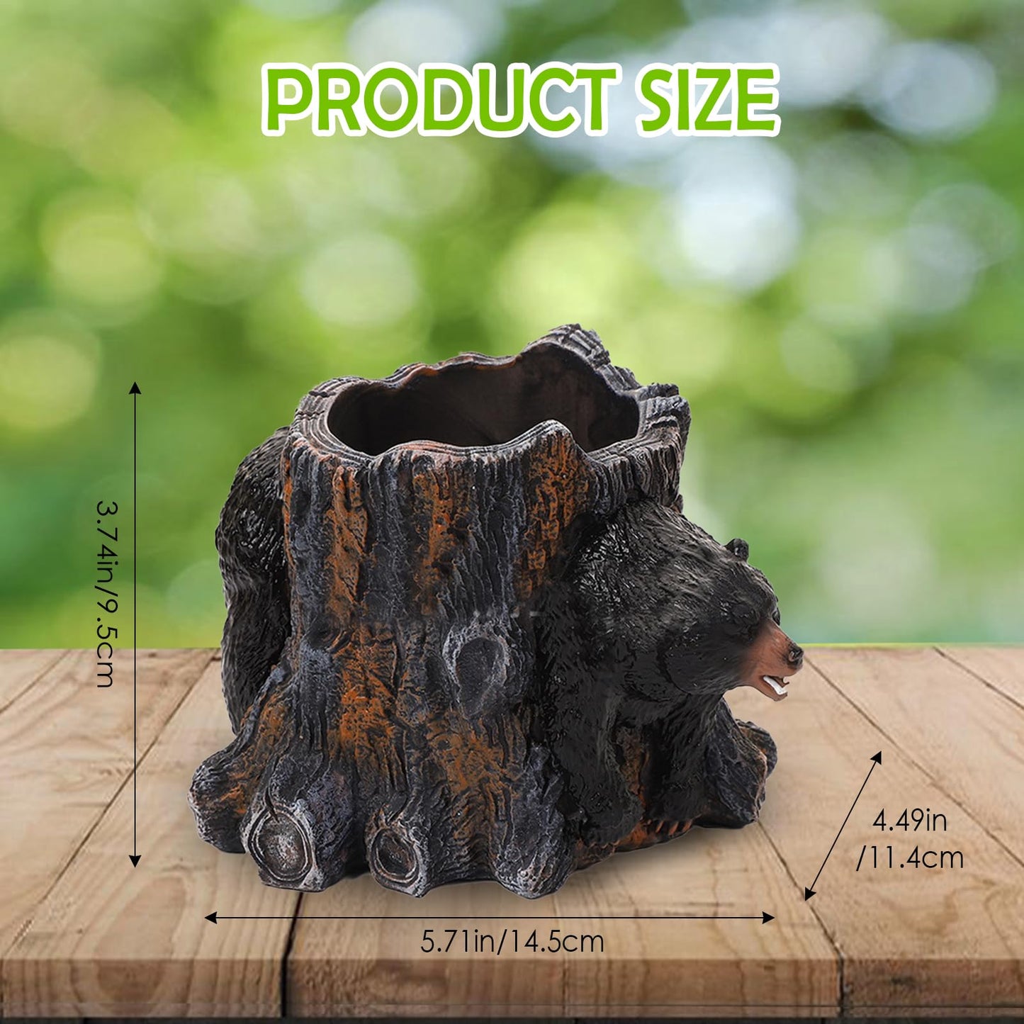 Seyont 5 Inch Black Bear Succulent Planter - Small Resin Tree Stump Flower Pot with Drainage Hole, Cute Animal Container for Cactus, Indoor Desktop Decor Gift