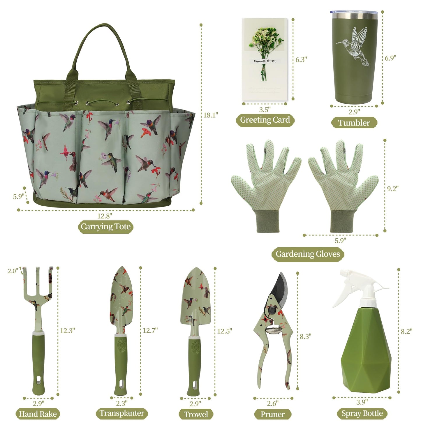 Garden Tool Set with Hummingbird Print, Heavy Duty Gardening Hand Tools with Garden Tool Bag,Gardening Gifts for Women&Men,Green