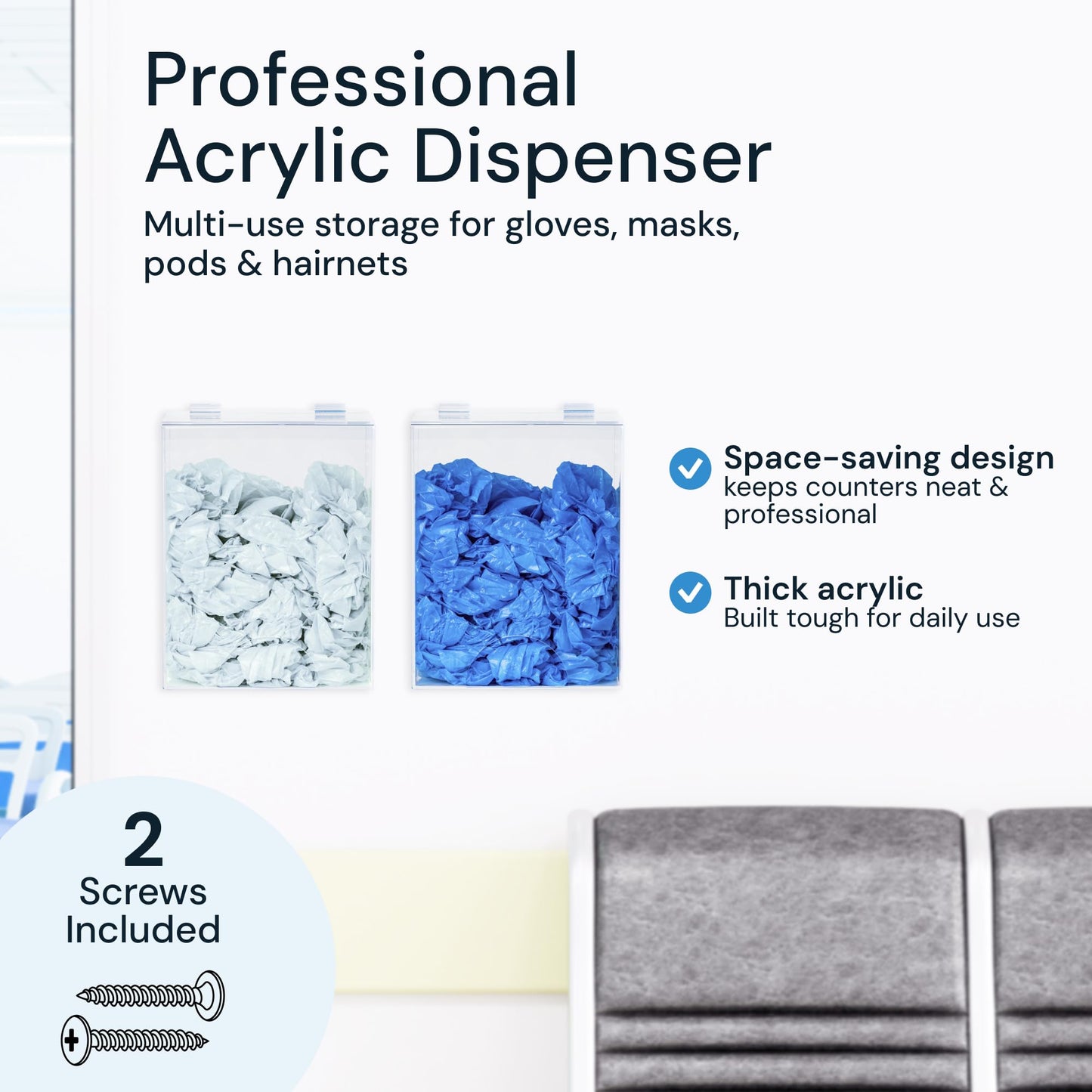 SimplyImagine Clear Acrylic Glove Dispenser - Storage Wall Mount Storage for Hairnets, Masks, and Laundry Pods - 8.25" H x 6.5" W x 5" Holder for Estheticians and Home - Hardware Included