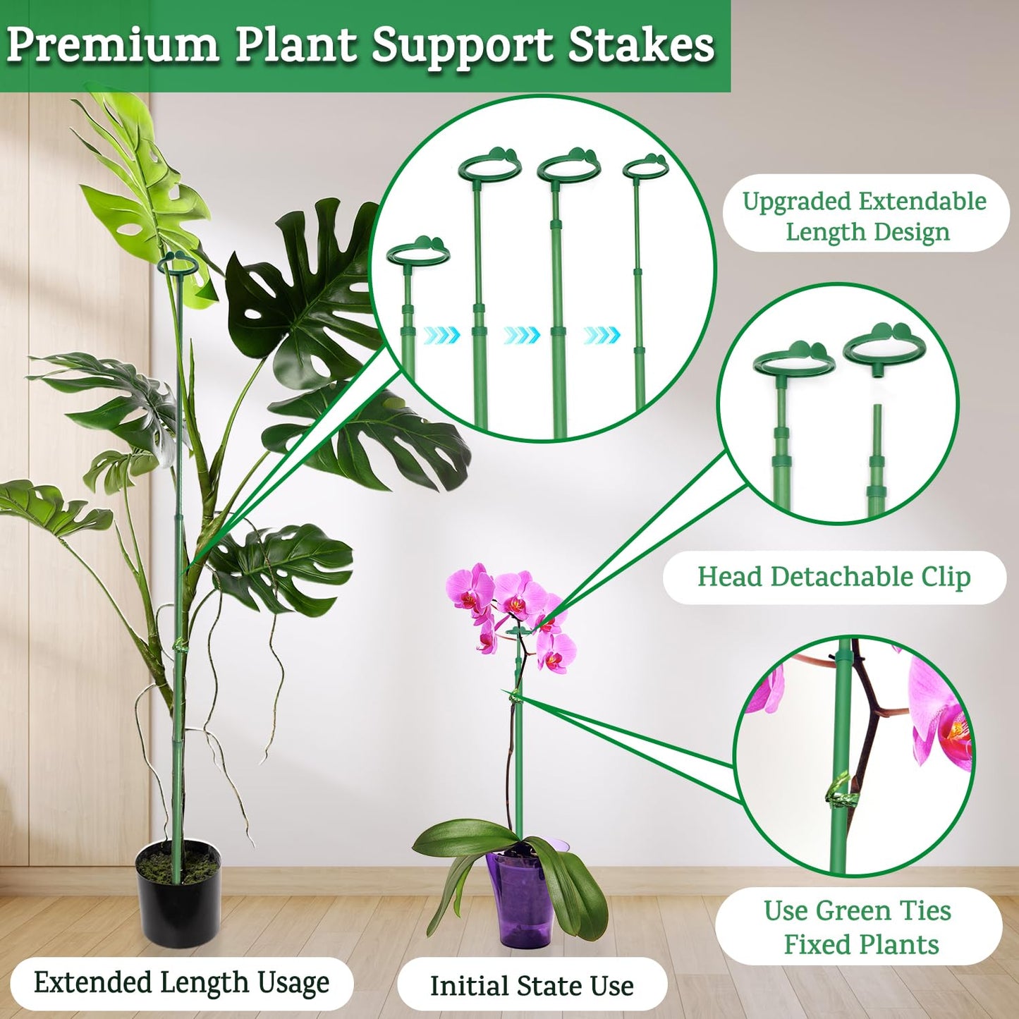 Extendable Plant Stakes, Length Scalable from 17.9IN to 42.3IN Plant Support Stake, Orchid Sticks with Clips for Indoor Outdoor,Garden Stakes for Plant,Tomato,Vegetables,Monstera,Vine - 5Pack