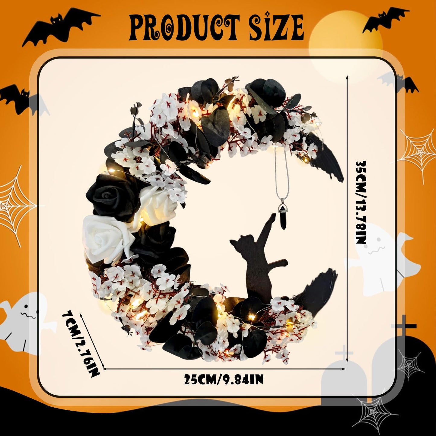 Halloween Wreaths for Front Door, Flower Moon Cat Halloween Home Decoration, Fall Winter Family Gathering Decoration Wreath Outdoor Wall Closet Fence Spooky Wreath(Moon Cat White13.7in×9.8in)