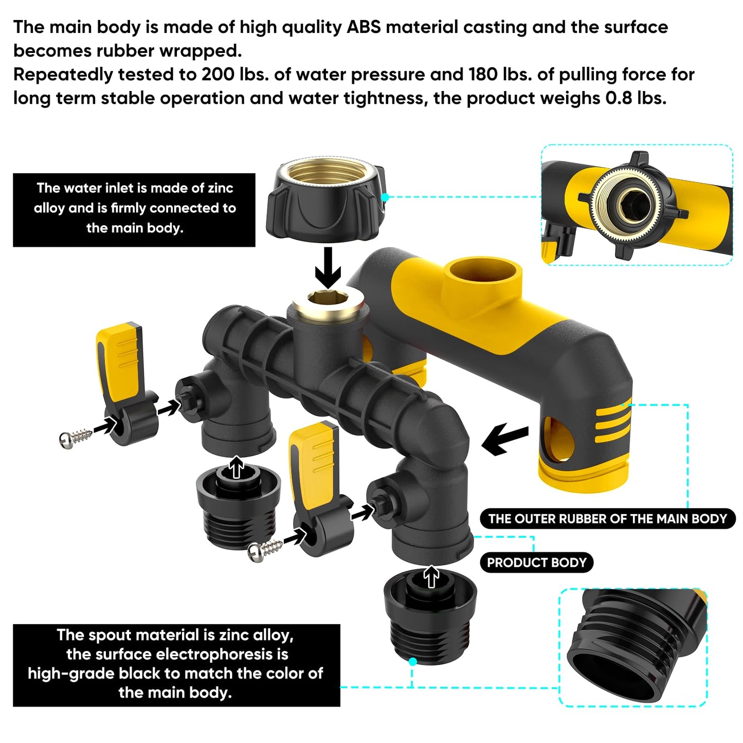 2 Way Garden Hose Splitter, 3/4 Inch Outdoor Faucet Splitter, Hose Manifold with Independent Shut Off Valves, Wide Spacing for Hose Timers, Sprinklers, Lawn, Yard and Garden Watering - yellow