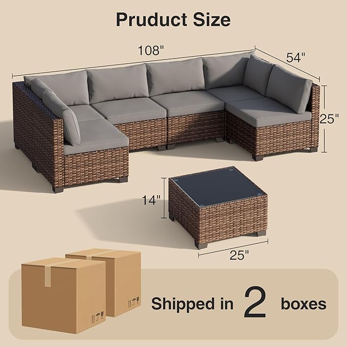 Qsun 7 Pieces Patio Furniture Set, Outdoor Sectional Rattan Sofa Set, Wicker