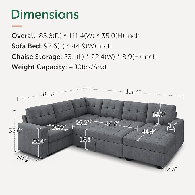 HONBAY Sectional Sleeper Sofa, Sleeper Sofa Couch
