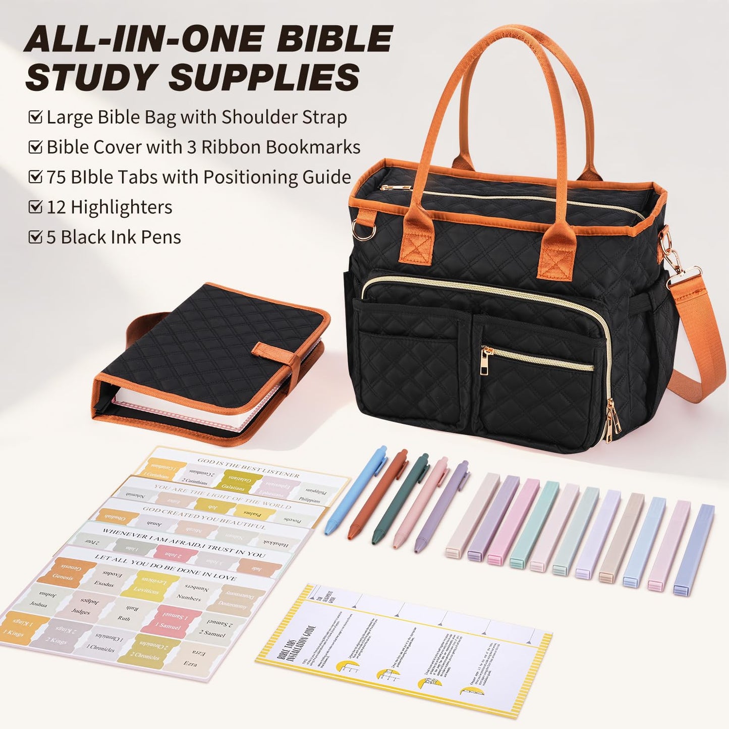 KOPKOFT Large Bible Cover Case for Women, Quilted Church Tote Bag with Shoulder Strap, Bible Study Supplies Journaling Kit Bible Accessories, Christmas Christian Gift for Women (Black)