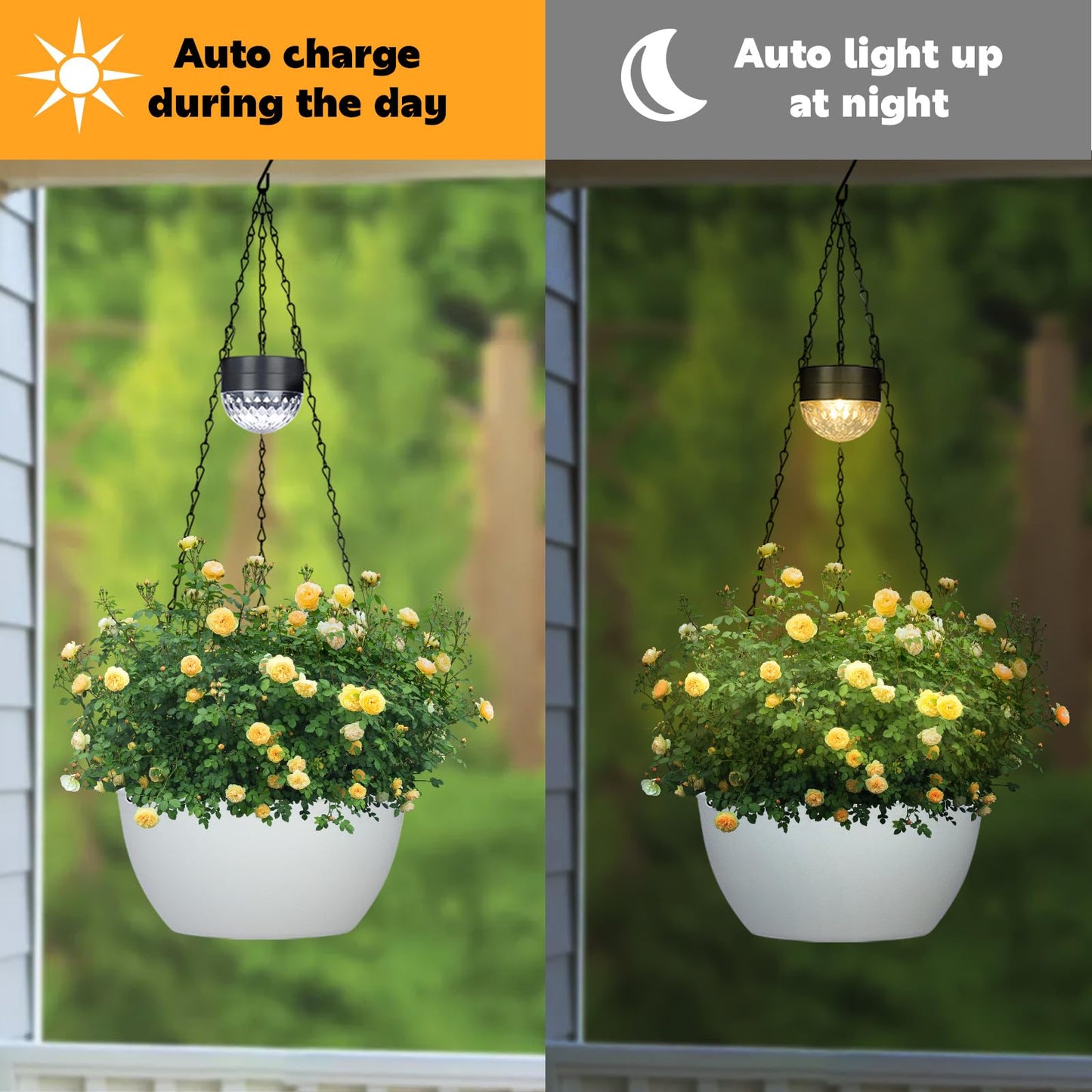 SUNNYPARK 2 Packs Hanging Planters Basket for Outdoor Plants, Solar Powered Self Watering White Round Plastic Flower Pots with Drainer for Balcony Patio Garden Outdoor Decoration