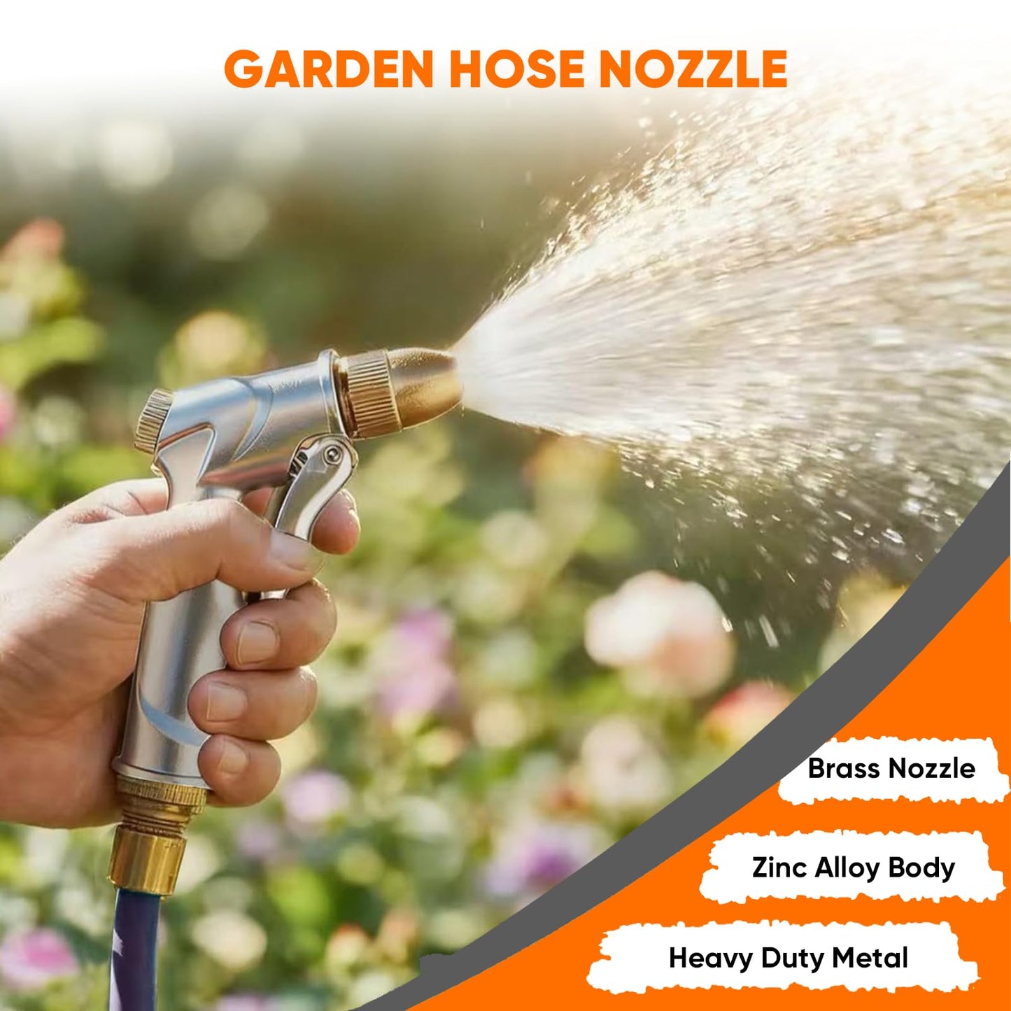 Garden Hose Nozzle, Heavy-Duty Outdoor Water Sprayer with 4 Spray Patterns Leak-Proof Brass Nozzle for Watering Plants, Car Washing, Pet Bathing