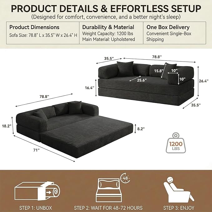 78" 4-in-1 Convertible Sofa Bed, Boneless Corduroy Sleeper Couch