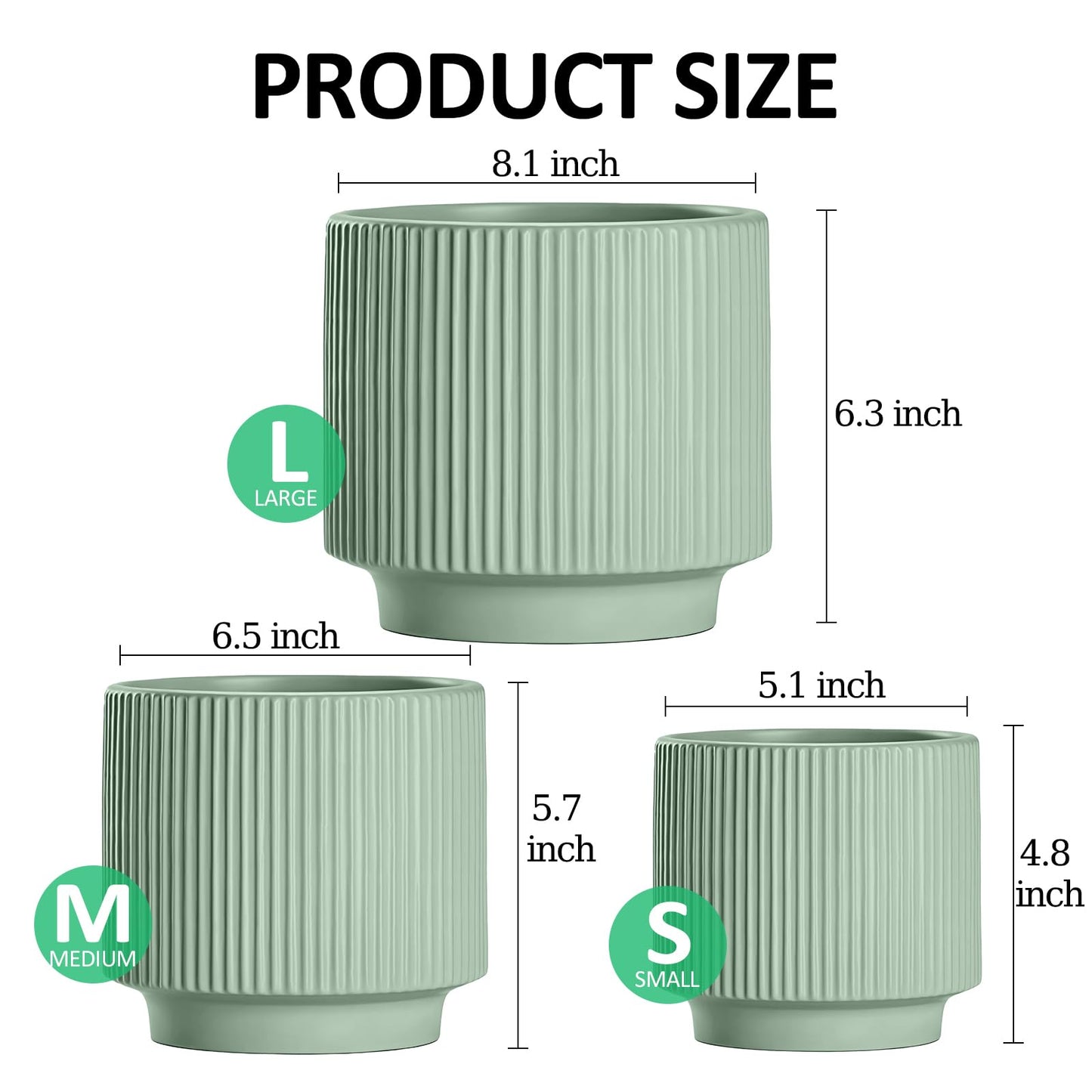 OXART Plant Pots, 8+6+5 Inch Pots for Indoor Plants, Outdoor Indoor Flower Pot with Drainage Holes for Home and Office, Modern Round Ceramic Planters, Set of 3 (Green)