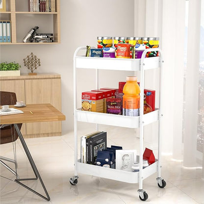3-Tier Rolling Cart, Metal Utility Storage Carts with Wheels,White | Multi-Functional Organizer Snack Cart Easy Assembly