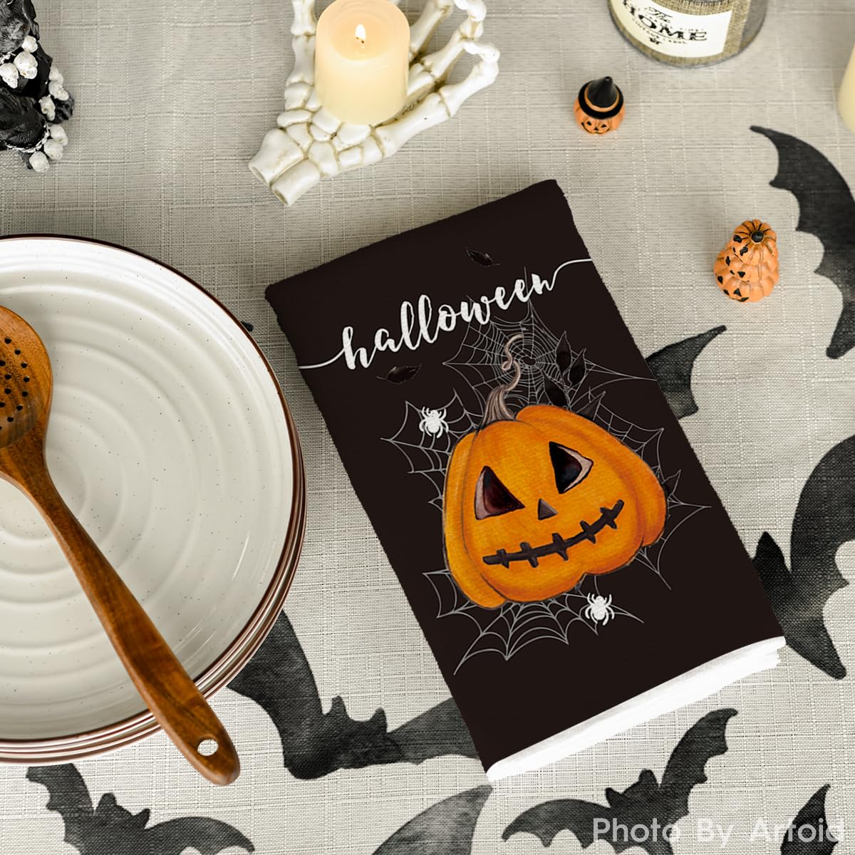 Artoid Mode Black Pumpkin Halloween Kitchen Towels Dish Towels, 18x26 Inch Spider Web Jack-O'-Lantern Decoration Hand Towels Set of 2