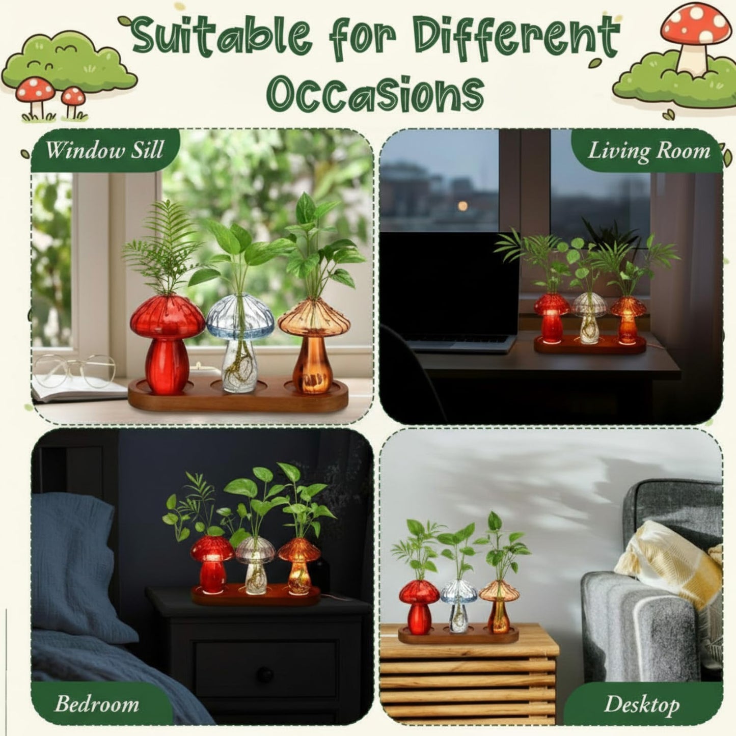 Yiyiring Set of 3 Glass Mushroom Vase Propagation Station with LED Light Wooden Stand, 4.7 x 3.5 Inches Glass Vases Hydroponic Planter for Indoor Plants, Gifts for Women, Room Decor