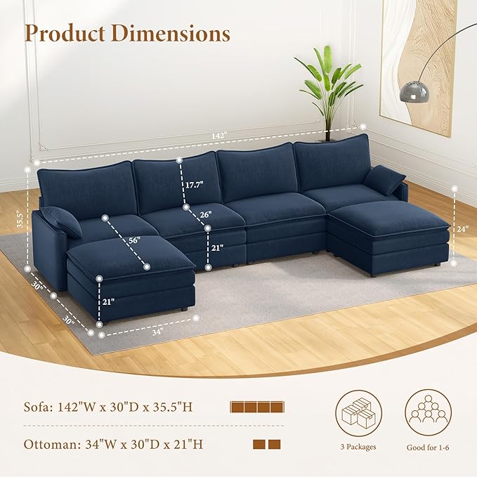 Vesgantti 142" U Shaped Sectional Couch, Comfy Cloud Modular Sectional Sofa