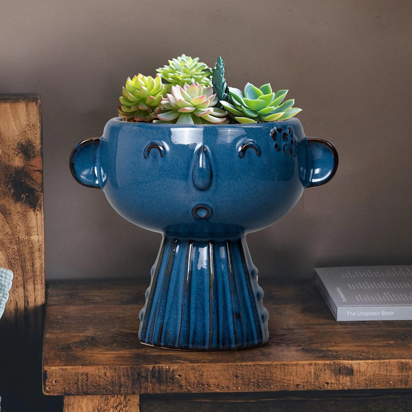 Fivepot Head Planter Pot - 7 Inch Cute Face Planter for Indoor Outdoor Plants Ceramic Succulent Pot Round Flower Pot Present for Mother Christmas with Drainage Hole Blue