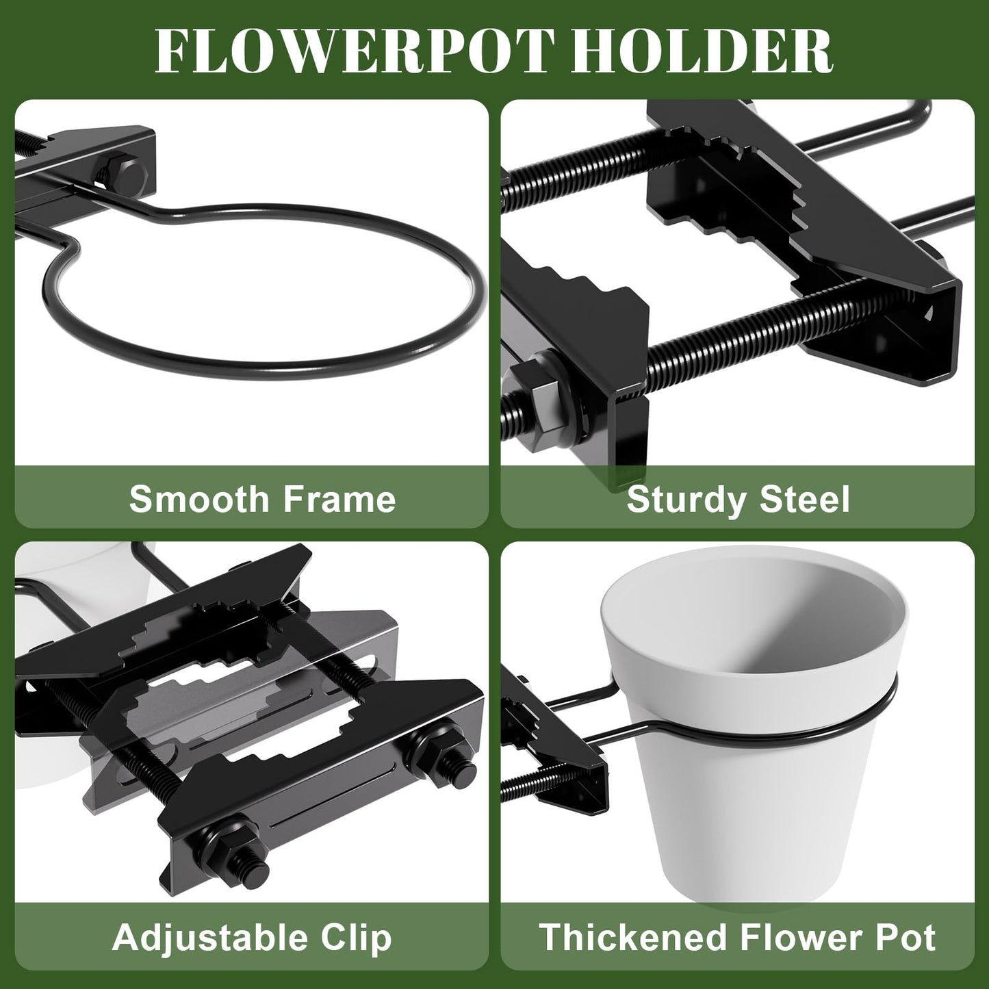 Xbpeuy Hanging Flower Pots Holder, 2 Set Deck Railing Plant Container Holder with Pot, Pipe Clip Fence Planters Tray for Indoor & Outdoor Fence Balcony Patio Porch Railing