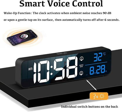 Digital Clock, Large Display LED Alarm Clock for Living Room Bedroom Office, Rechargeable Wall Clock, Sound-Activated, Snooze, Date & Temp Display, 40 Tones, 2 Alarms, 4 Volume, 5 Brightness Dimmer